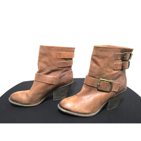 Lucky Brand Tommie Brown Leather Buckle Accent Slip On Ankle Booties Women 8M - Picture 3 of 9